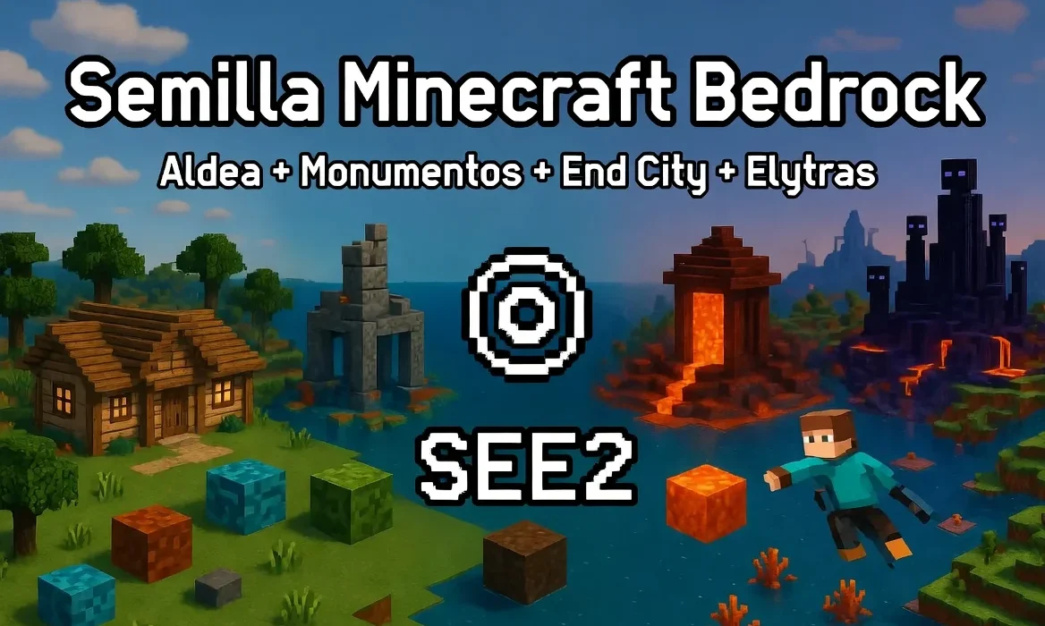 Semilla de Minecraft Bedrock con aldea, monumentos oceánicos, Nether, End City y élitras